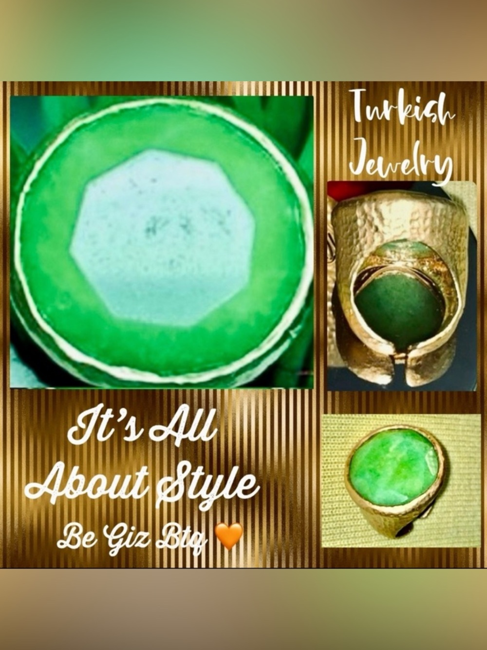 🆕Turkish Jewelry Ring In Gold Bath Over Metal With Stunning Green Chatee Stone